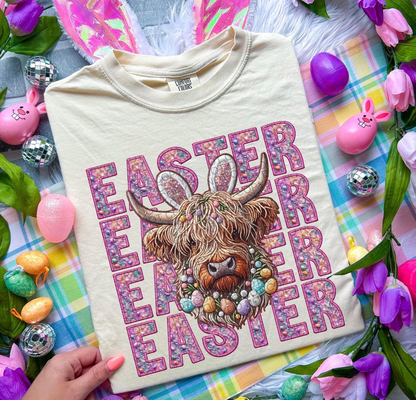 Easter Stacked Highlander Faux Embroidery Comfort Colors T-Shirt