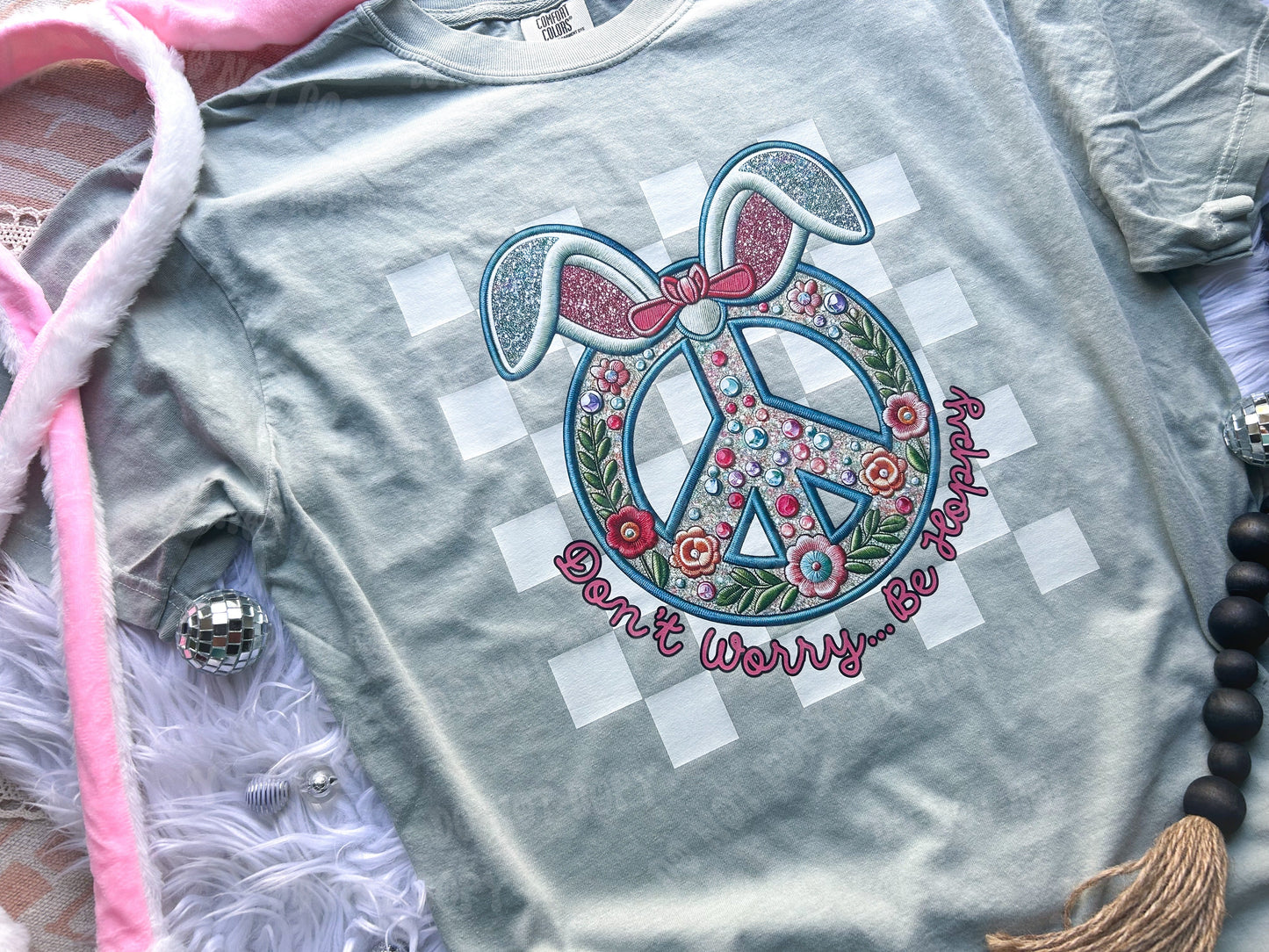 Don’t Worry Be Hoppy Faux Embroidery Comfort Colors Tee