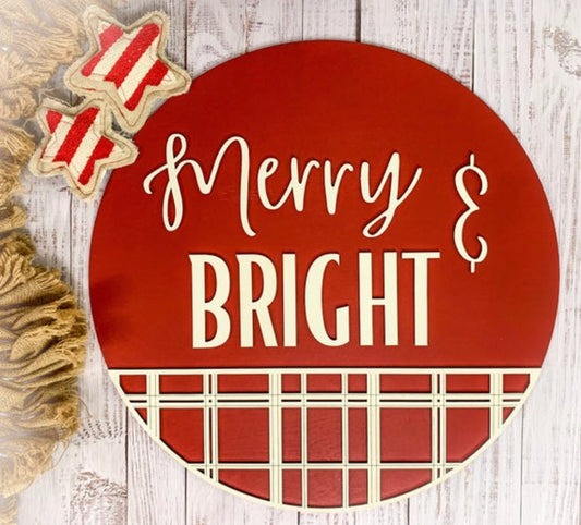 Merry and Bright Plaid Wood Door Hanger • Christmas Round Door Hanger